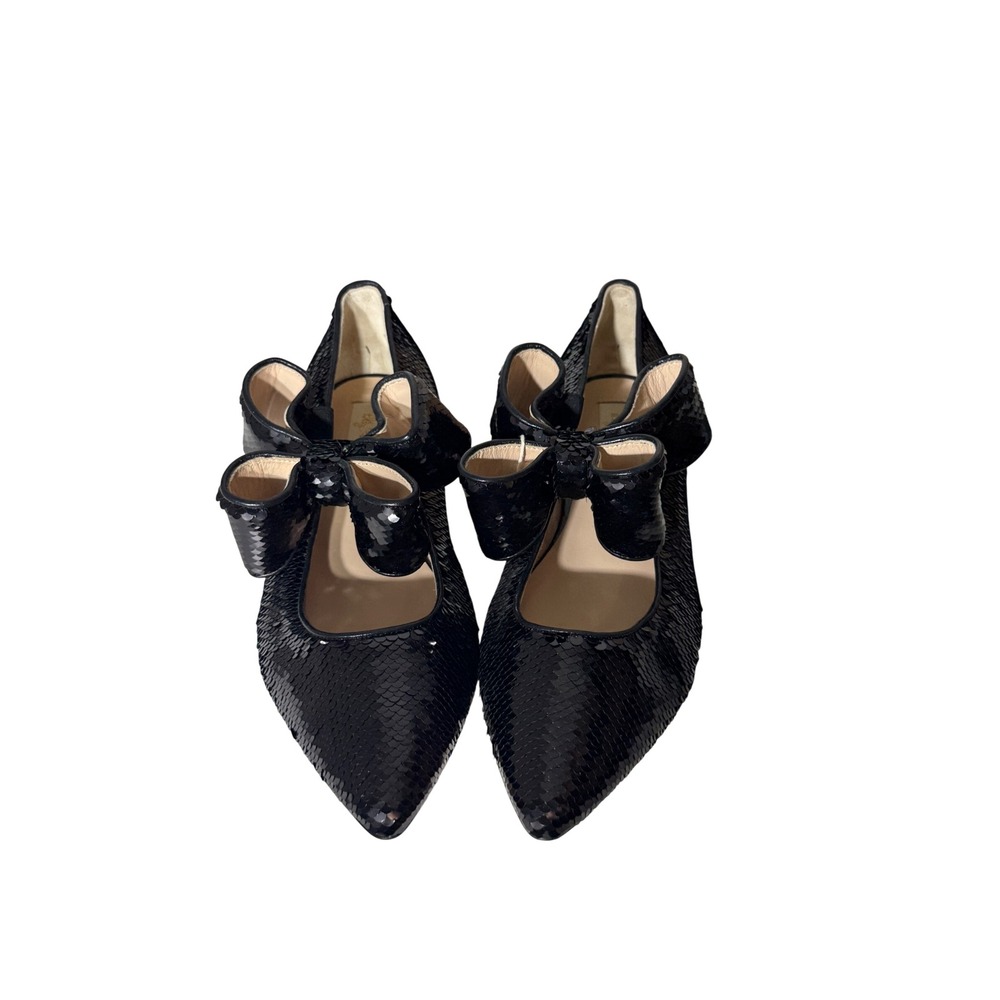 Polly Plume Bonnie Black Sequin Pointed Toe Bow Flat Made in Italy Size 40 Women - Picture 3 of 8